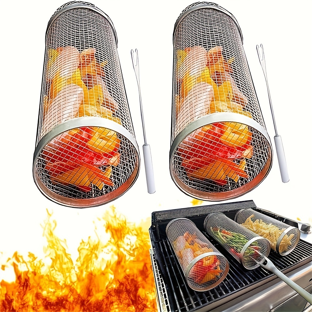 

1pc, Stainless Steel Round Barbecue Grill Mesh Basket With Rolling Design For Outdoor Bbq Smoking And Portable Use, Kitchen Supplies, Kitchen Accessories, Bbq Accessories