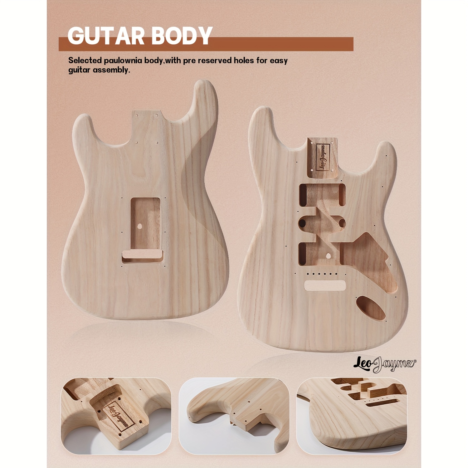 Leo Jaymz 1pc DIY Electric Guitar Kit - S-S-S Pickup Configuration, Ebony Fretboard, Maple Neck, Mahogany Body - Single Tremolo Bridge, 22 Frets, Fully Enclosed Tuning Pegs, Room Electrical Wiring