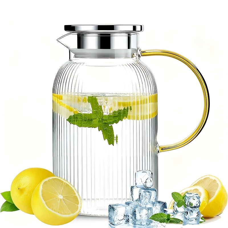 1pc Glass Pitcher with Lid and Handle, 2.0L/1.6L/1.2L Vertical Stripes  Water Pitcher Cold Kettle, High Borosilicate Glass Water Carafe for Fridge,  Heat Drinks Water Bottle, Water Jug for Cold Brew, ...