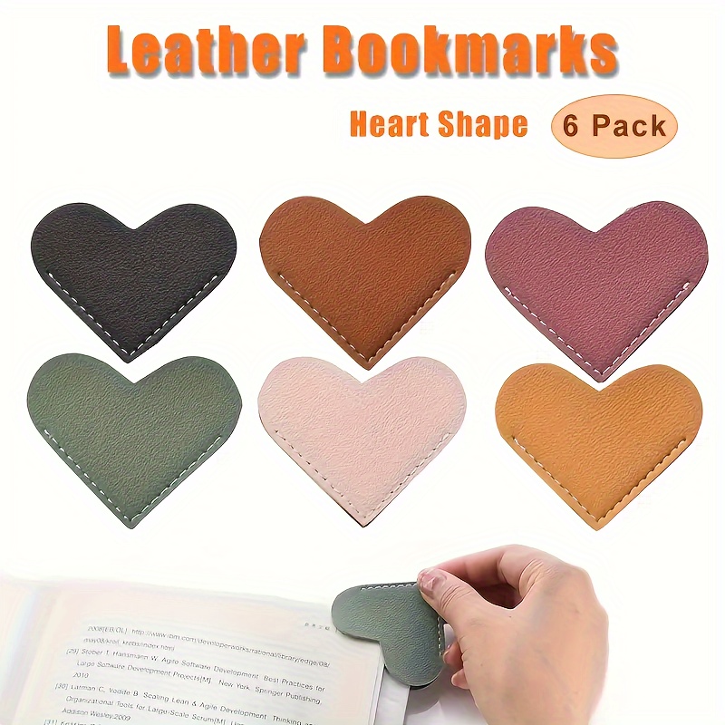 

6pcs Pu Leather Heart Bookmarks - Handmade Corner Page Markers With Precise Stitching, Design For Love To Read, Stylish Bookmarks | Heartshaped Design | Quality Corner Markers, Bookmarks For Reading