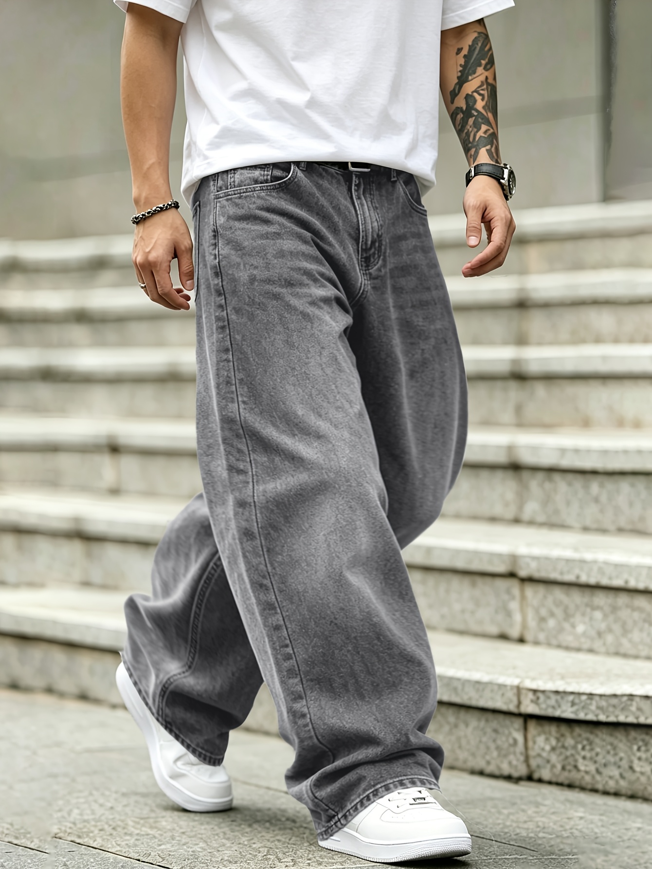 mens baggy wide leg jeans light gray washed non stretch denim pants with multi pockets for casual daily wear
