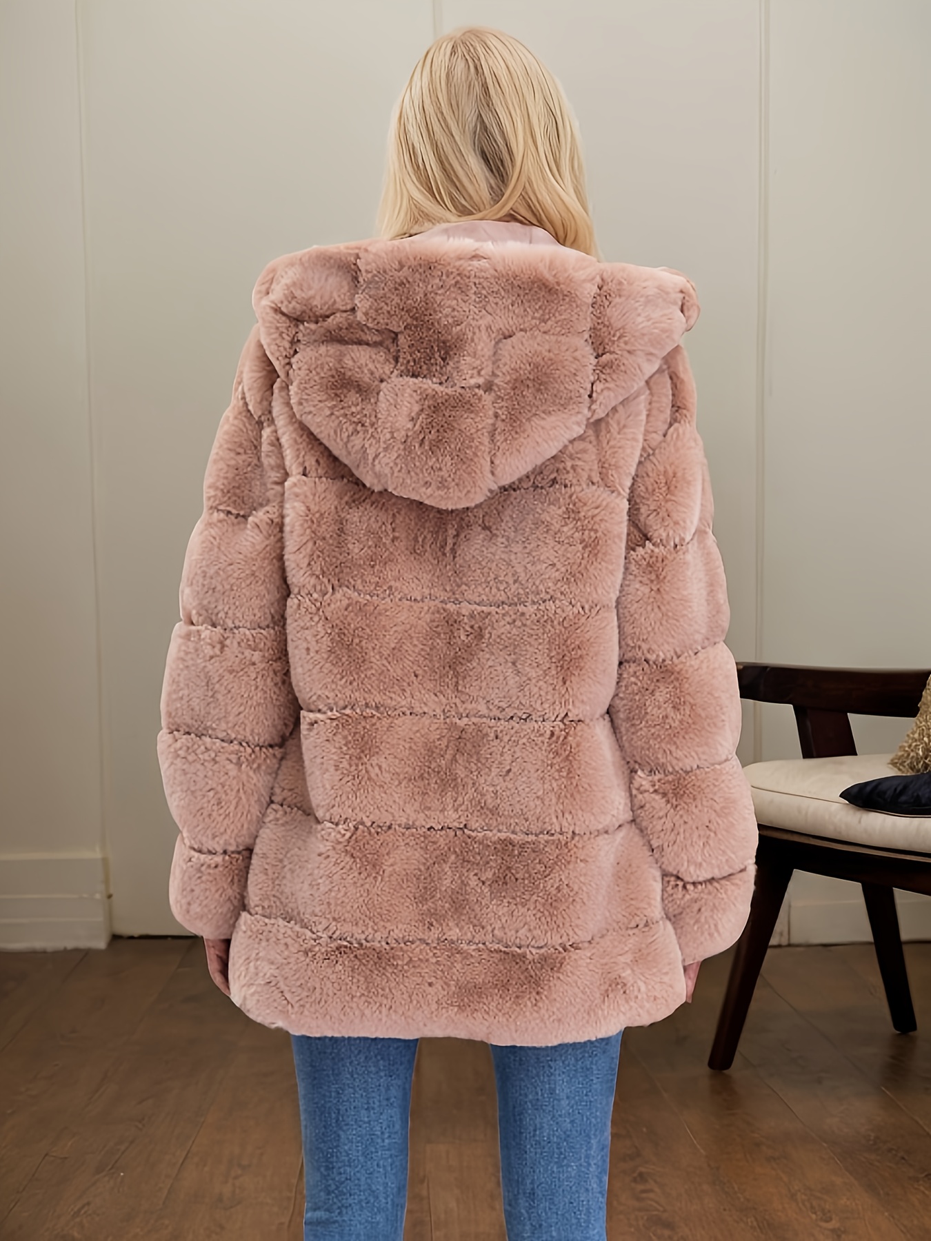 1pc elegant   fur hooded jacket for women 100 polyester long sleeve zipper coat with flared hem casual weekend wear solid color medium stretch fabric