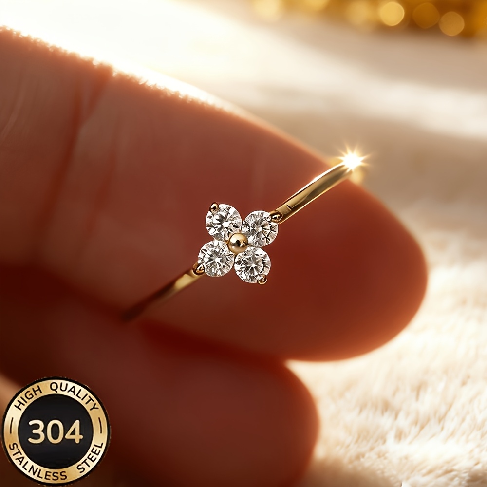 TEMU 304 Stainless Steel 18k Gold Plated Ladies Ring, Exquisite Simple Grass Ring, Anti-fading Anti-allergy Minimalist Stackable Thin Ring, Suitable