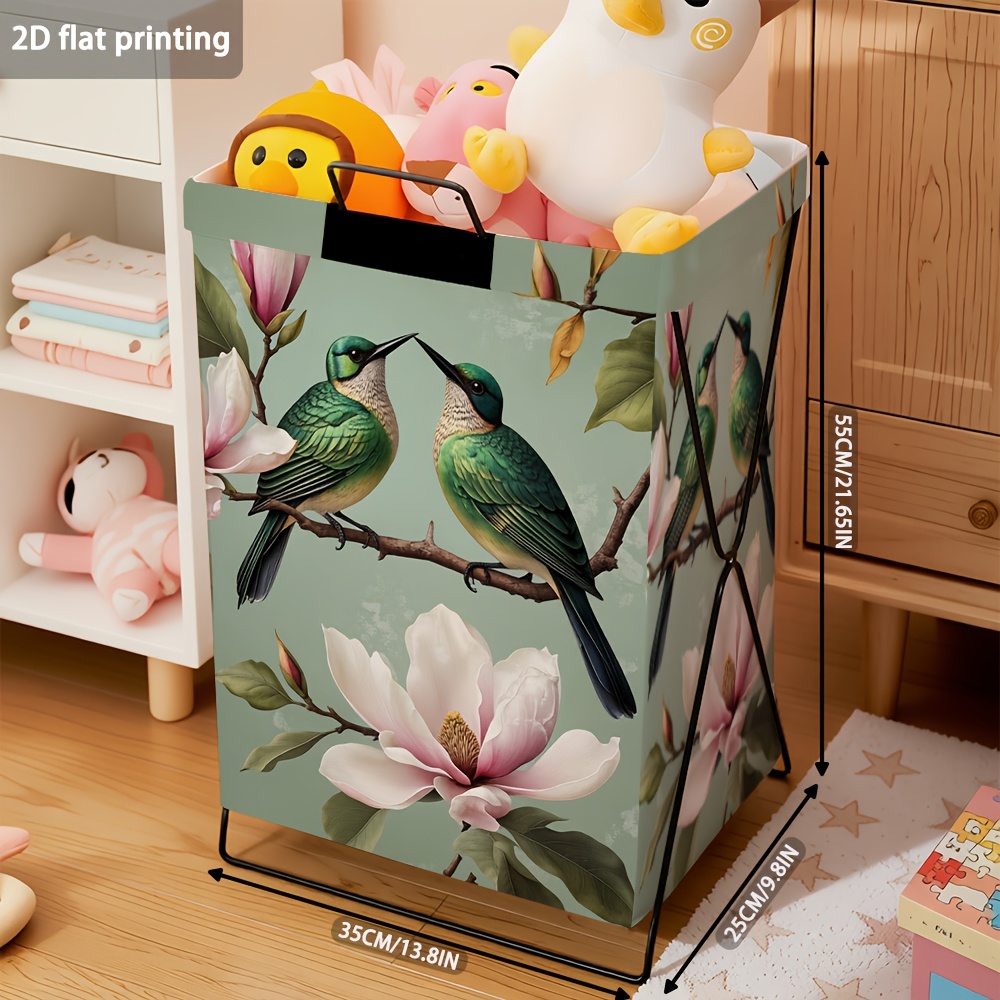 TEMU 1pc Large Capacity Hamper Foldable Laundry Basket With ,spring Floral Birds Pattern,rectangular Storage Box, With Durable Frame,fabric Storage