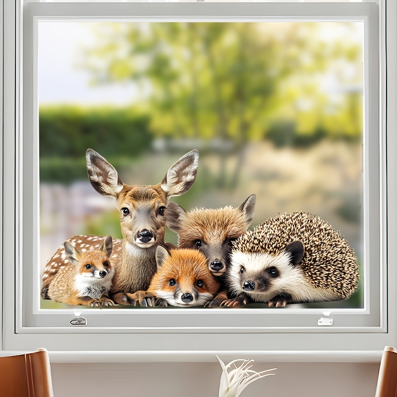 E-shop Selbstklebender, entfernbarer, doppelseitiger, sichtbarer Aufkleber, Fuchs, Igel, Eule, Waschbär und Hirsch, realistischer Glas-Aufkleber,