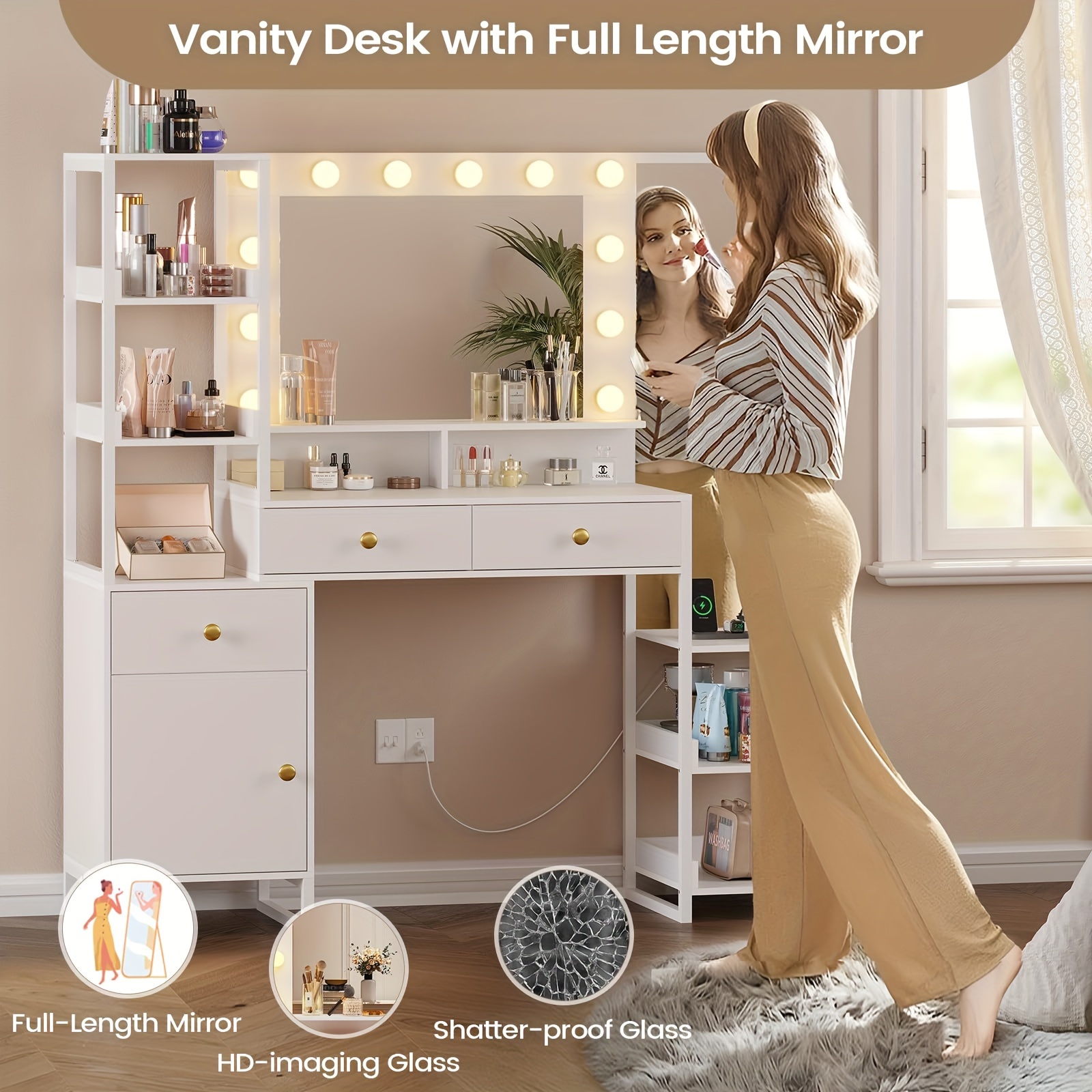 

1pcs Vanity Desk With Full-length Mirror, Makeup Vanity Lights Mirror And Charging Station, Large White Makeup Table With Drawers And Shelves