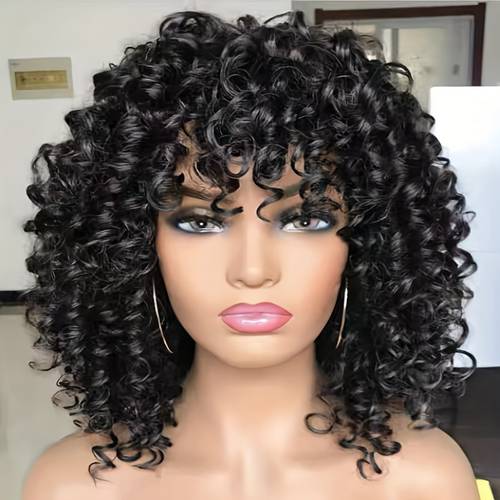 elegant women short afro synthetic ombre brown wig with bangs high temperature fiber elastic cap for daily wear