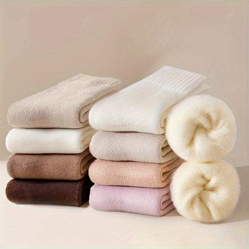 

5 Pairs Solid Thickened Socks, Simple & Comfort Warm Terry Mid Tube Socks For Fall & Winter, Women's Stockings & Hosiery