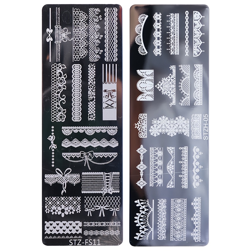 TEMU 2pcs Elegant Lace Nail Hot Stamping Plate - Lace Flower And Bow Nail Printing Template, Diy Acrylic Nail Art Nail Tools, Charming Female Nail