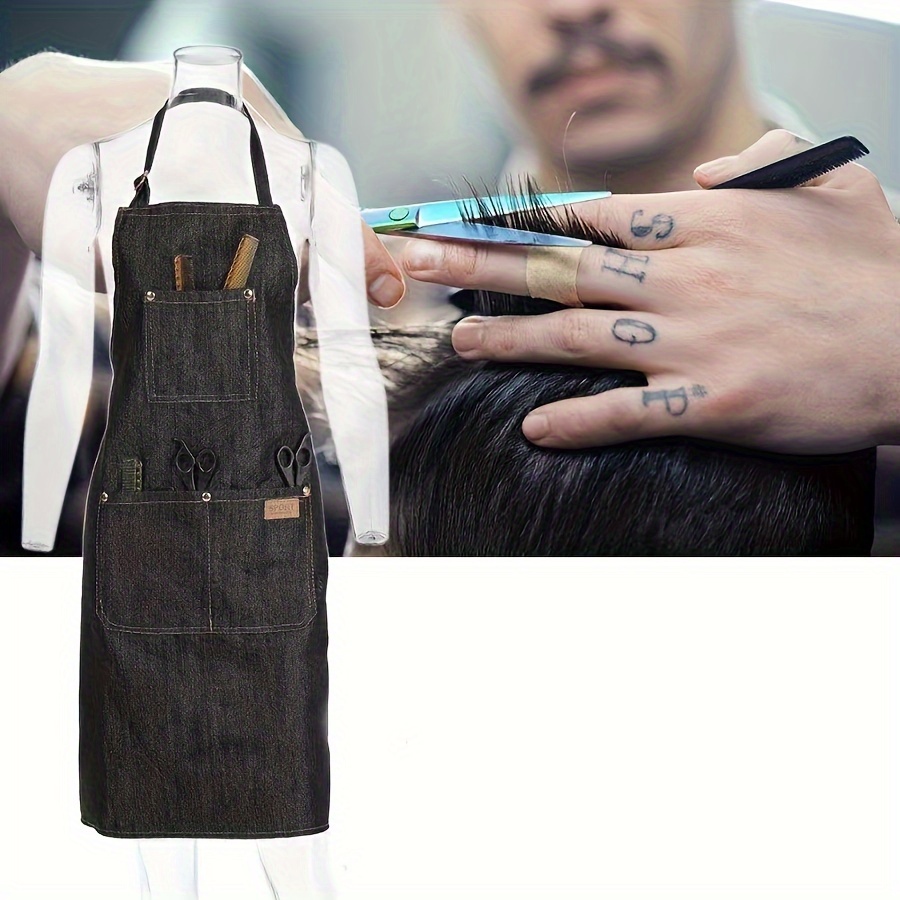 

Unisex Adult Denim Apron For Hairdressers And Barbers, Jean Material With 3 Pockets, Multi-functional Tool Apron For Professional Hair Styling And Accessories