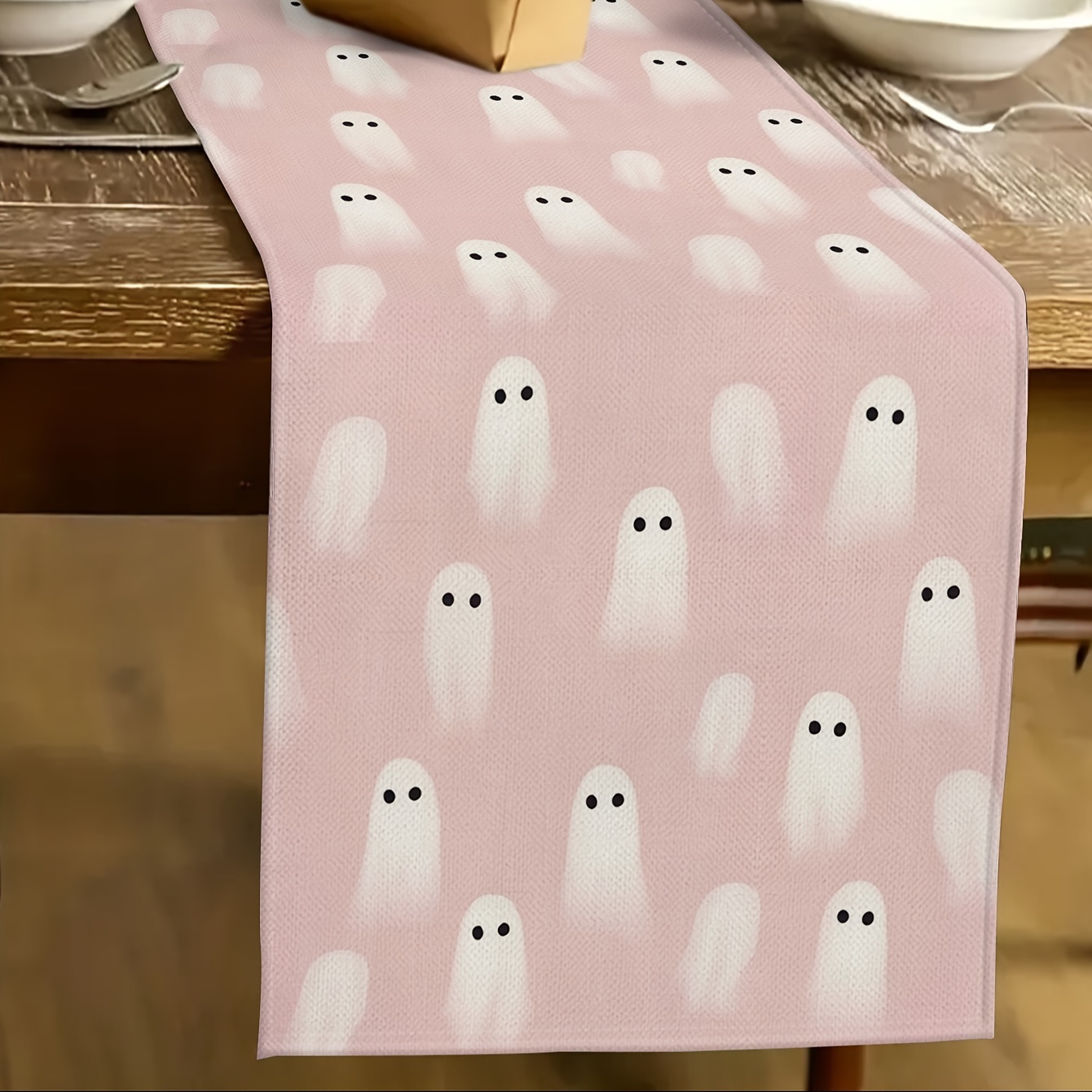 

Spooky Halloween Table Runner - Pink Ghost & Bat Design, Linen Blend, Perfect For Fall Dining Decor & Party Supplies