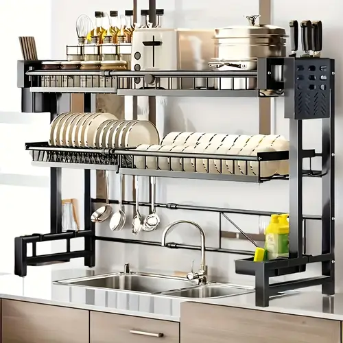 expandable 2 tier dish rack over sink space saving metal kitchen organizer with utensil holders plate lid storage adjustable countertop shelf for kitchen organization