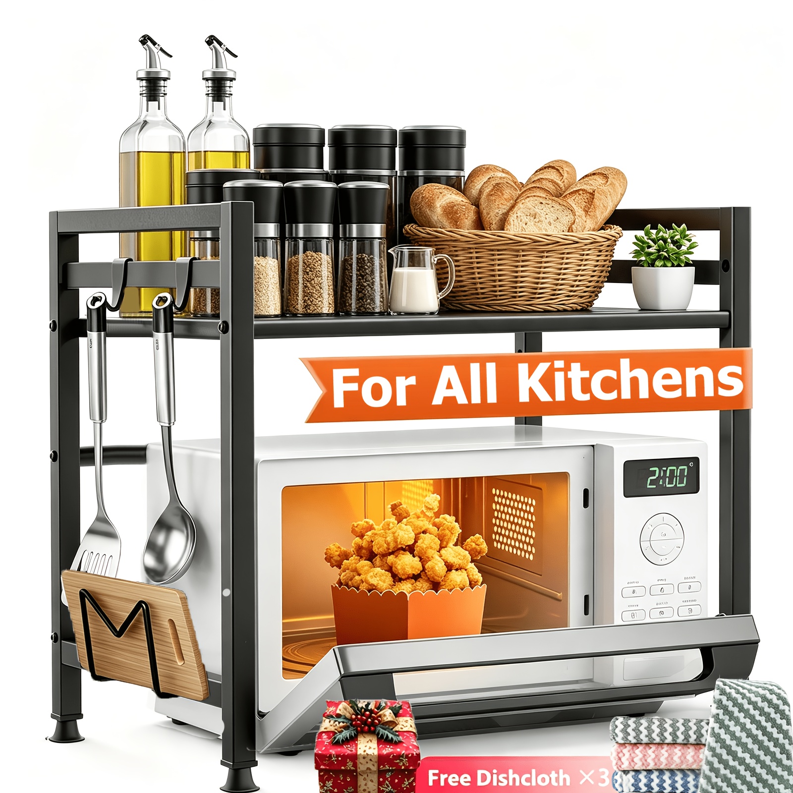 TEMU Étagère de rangement extensible à 3 niveaux pour four à micro-ondes, support de comptoir, structure métallique robuste à hauteur réglable avec 6