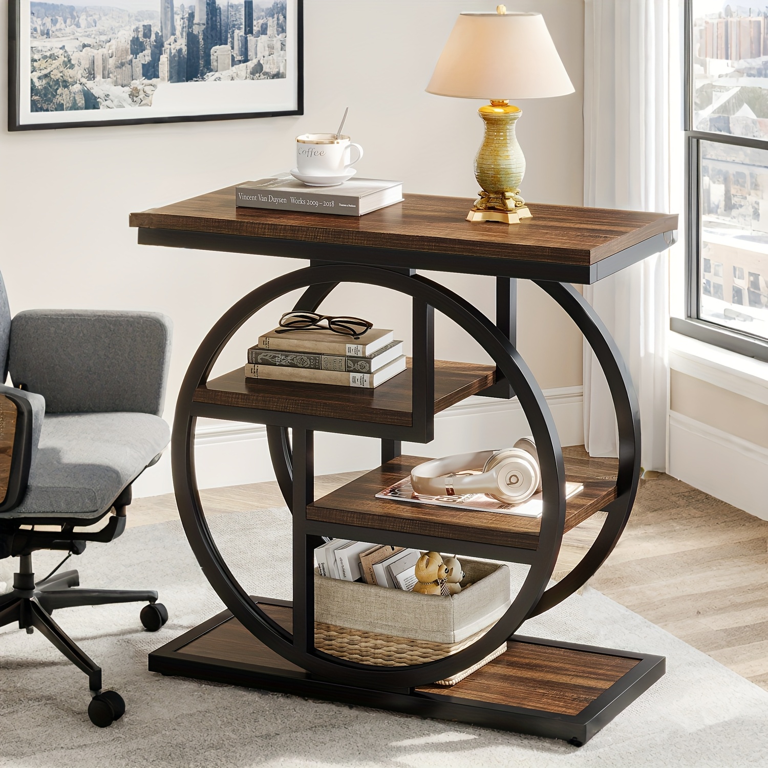 mesa lateral com estrutura redonda de metal, mesa de apoio  -      para   quarto sofá mesa de café pequena detalhes 0