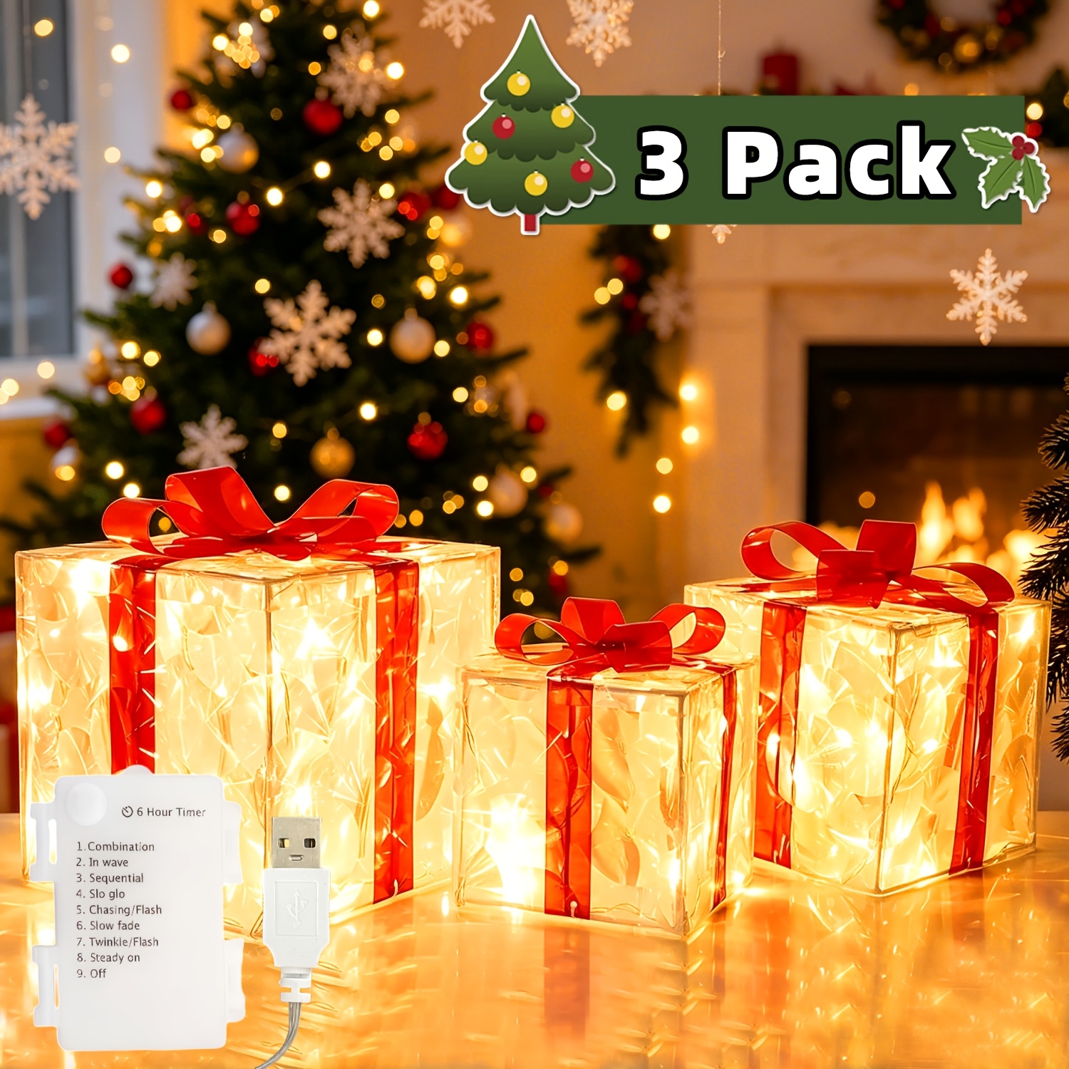 TEMU Lot de 3 boîtes cadeaux de Noël sur le thème des de avec guirlandes lumineuses, 12 d'éclairage, avec fonction minuterie, guirlandes d'intérieur