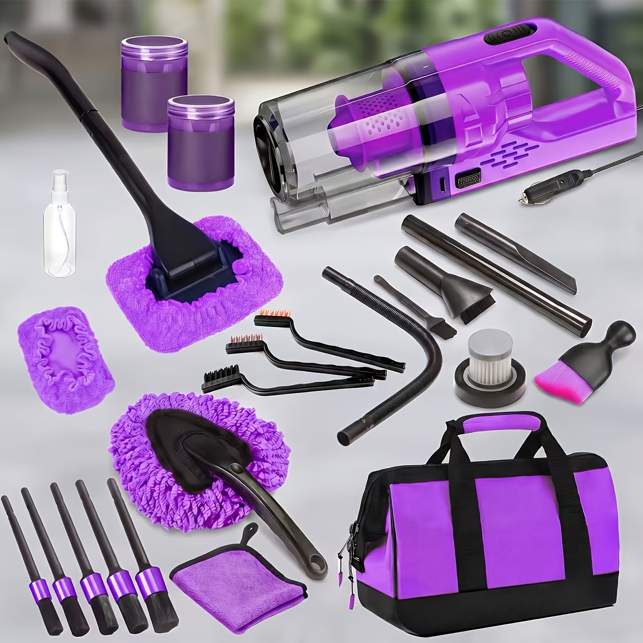 TEMU 24pcs Car Detailing Cleaning Set, Purple High Suction Handheld Vacuum Cleaner, -one Car Interior Care Kit With Detailing Brushes, Windshield