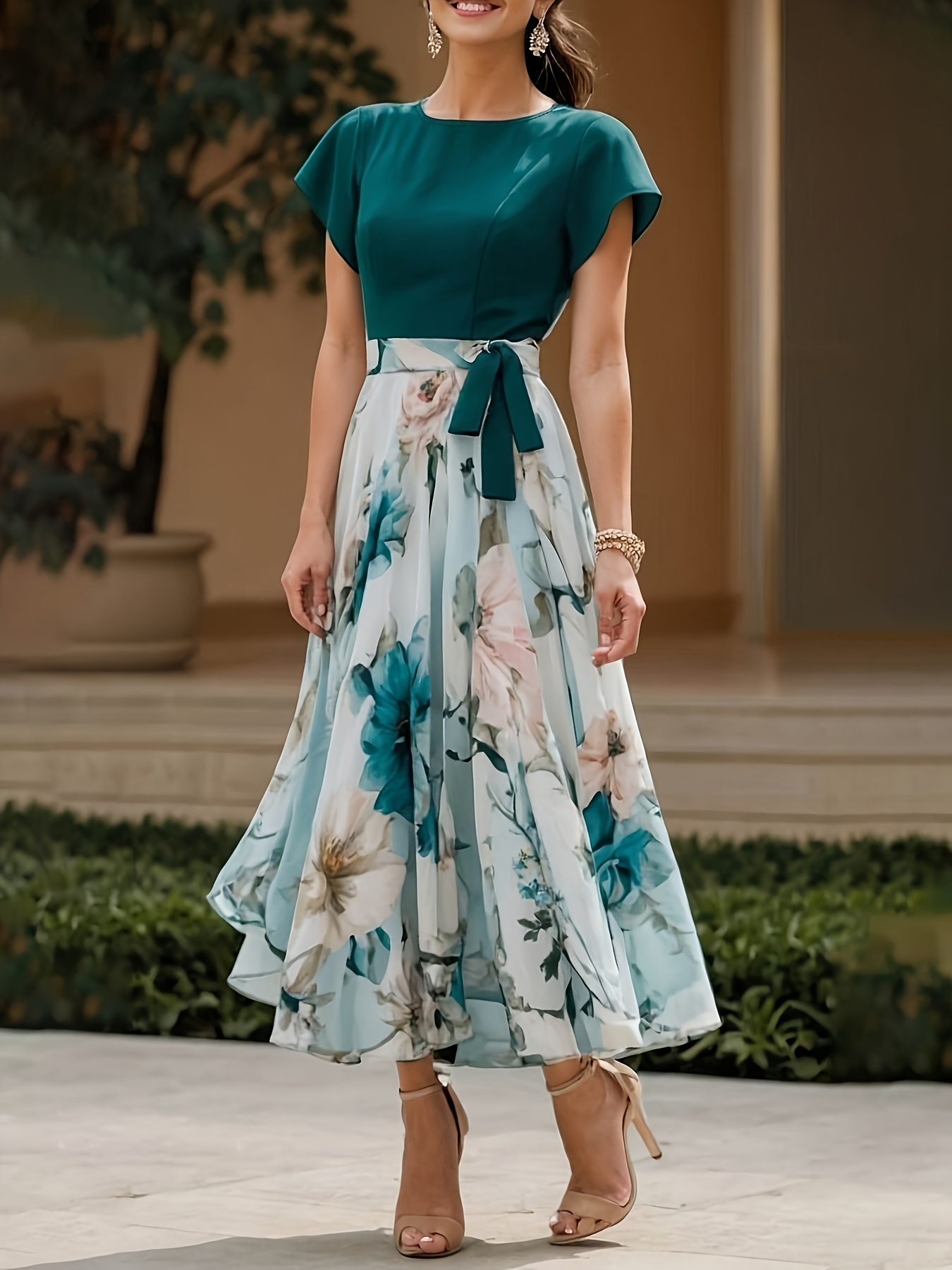 * Summer * Print Contrast Short Sleeve Elegant Women'S Dress