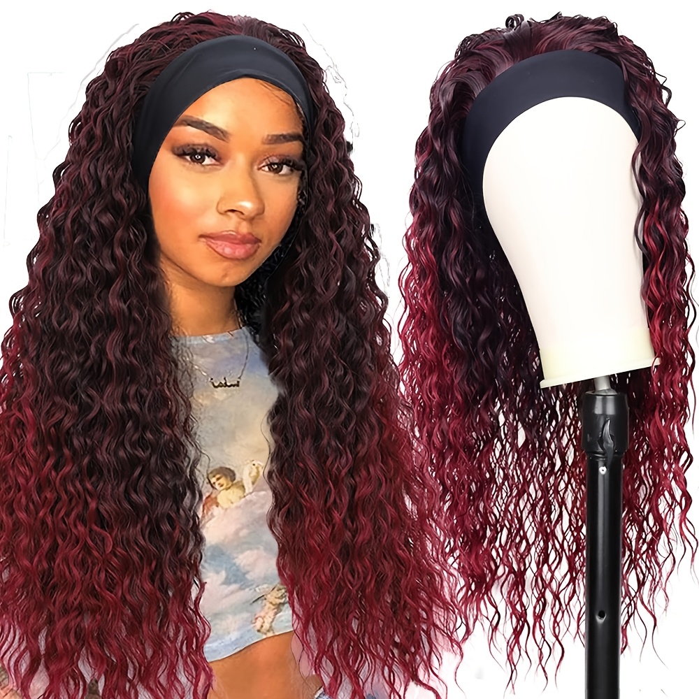TEMU Ombre Burgundy Deep Wave Headband Wig For Women, Synthetic Long Curly Water Wave, , Cosplay Party Halloween Christmas Hairpiece