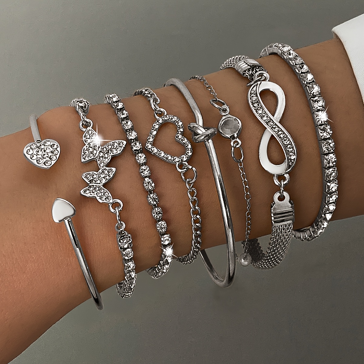 TEMU 8pcs Elegant And Exquisite Designer Symbol Hollow Heart Rhinestone Heart Single-row Knotted Women's Fashion Stackable Bracelet Set For Parties,