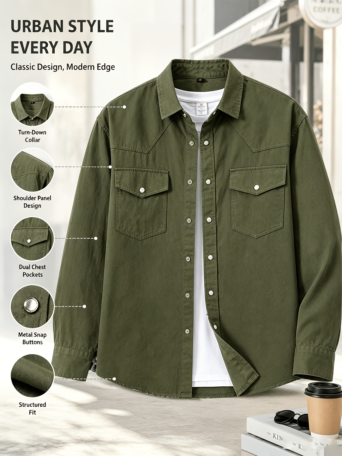 Men's American Workwear Style Shirt Jacket with Snap Buttons, Dual Chest Pockets, Structured and Well-Fitted. Soft and Breathable, Can Be Worn Alone or Layered. Versatile Basic Long-Sleeve Top for Daily Commuting, Work, Dates, and Weekend Casual Wear