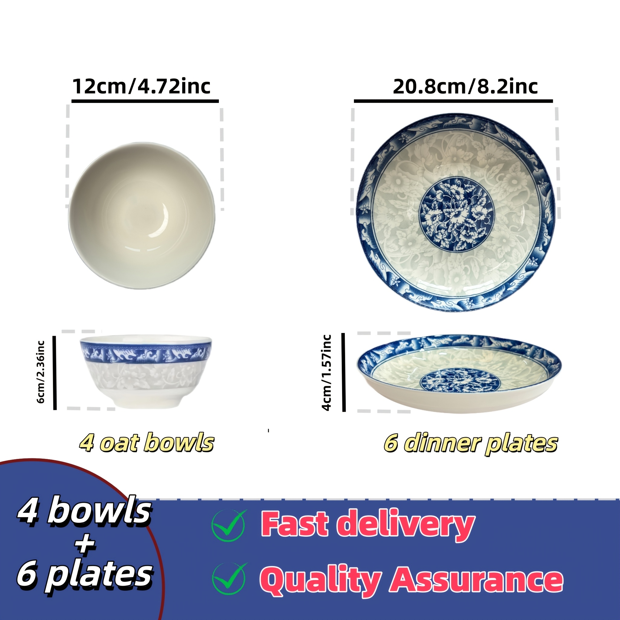 TEMU [blue And White ] 10pcs Set Blue And White Porcelain Bowl Combination Tableware Ceramic Underglaze Color High Temperature Resistant Dishwasher