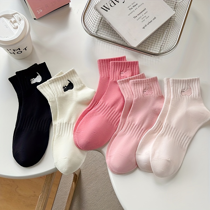 TEMU 5 Pairs Of Cute Pink Cat Socks, Low Cut, Sporty, Sweat Absorbing, Breathable, Solid Color, Cat Shorts, Casual Daily Wear