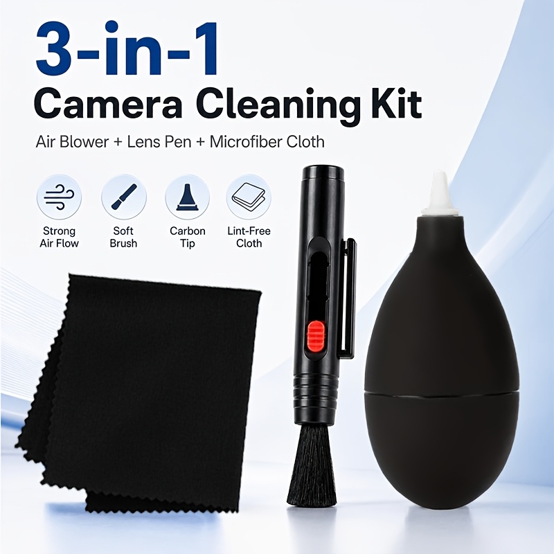 TEMU 3-in-1 Camera Lens Cleaning Kit, Includes Air Blower, Lens Pen, And Microfiber Cloth, Suitable For Dslr, Mirrorless, And Lens-less Camera Sensor
