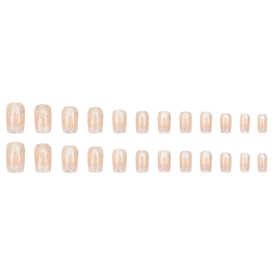 24pcs, Medium-sized, Square, Press-on Nail Stickers With Pink Base And Glitter Embellishments. Easy Design Suitable For Work, Travel, Outdoor Activities, Holidays, And More. Reusable