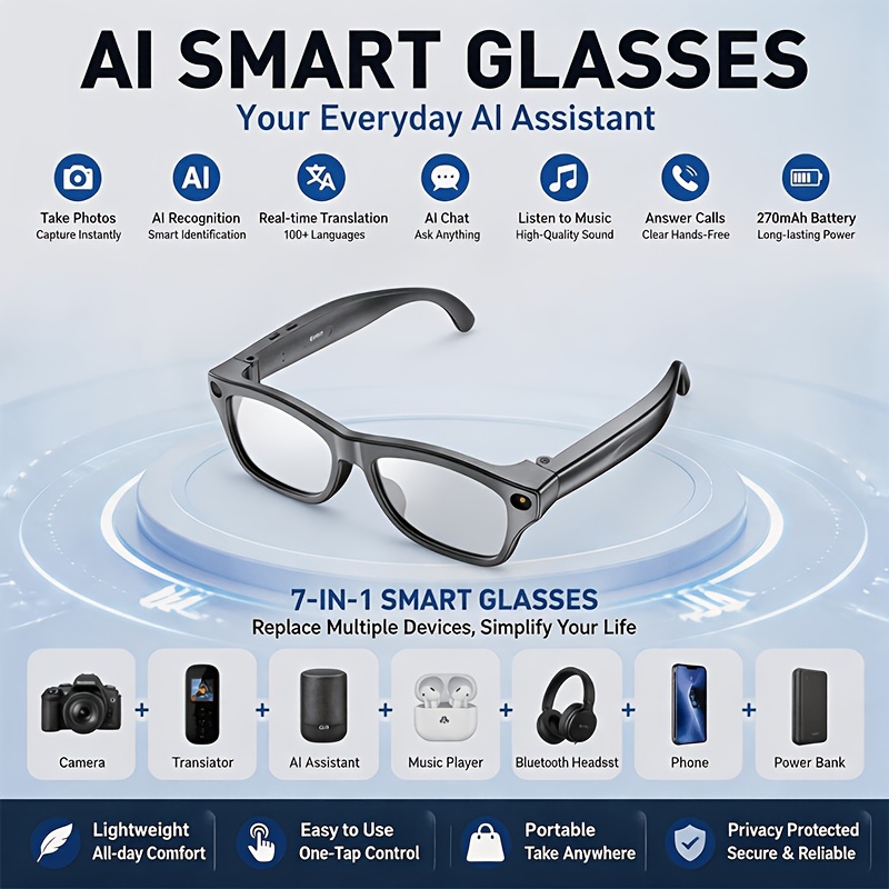 Budget Wearable AI Eyeglasses with Camera Flashlight, Instant Multi-Language Translation, Touch Control, Voice Assistant for Call, Music And Video Record