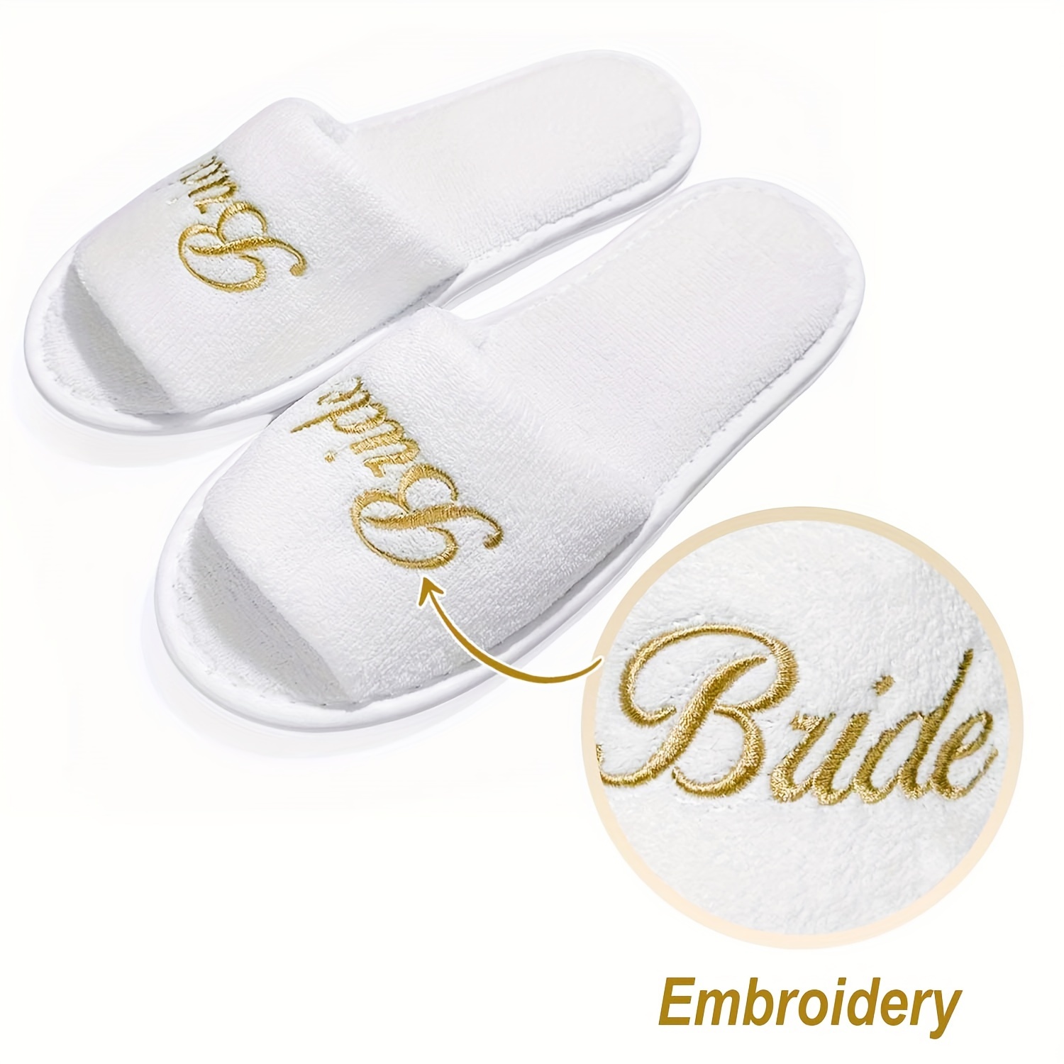 

Bridal Party Slippers Set, Open-toe With Golden Embroidery, Lightweight Plush Cozy Flats, Non-slip Soft Sole For Bride & Bridesmaid, Wedding Party Guests Home Slip On Shoes