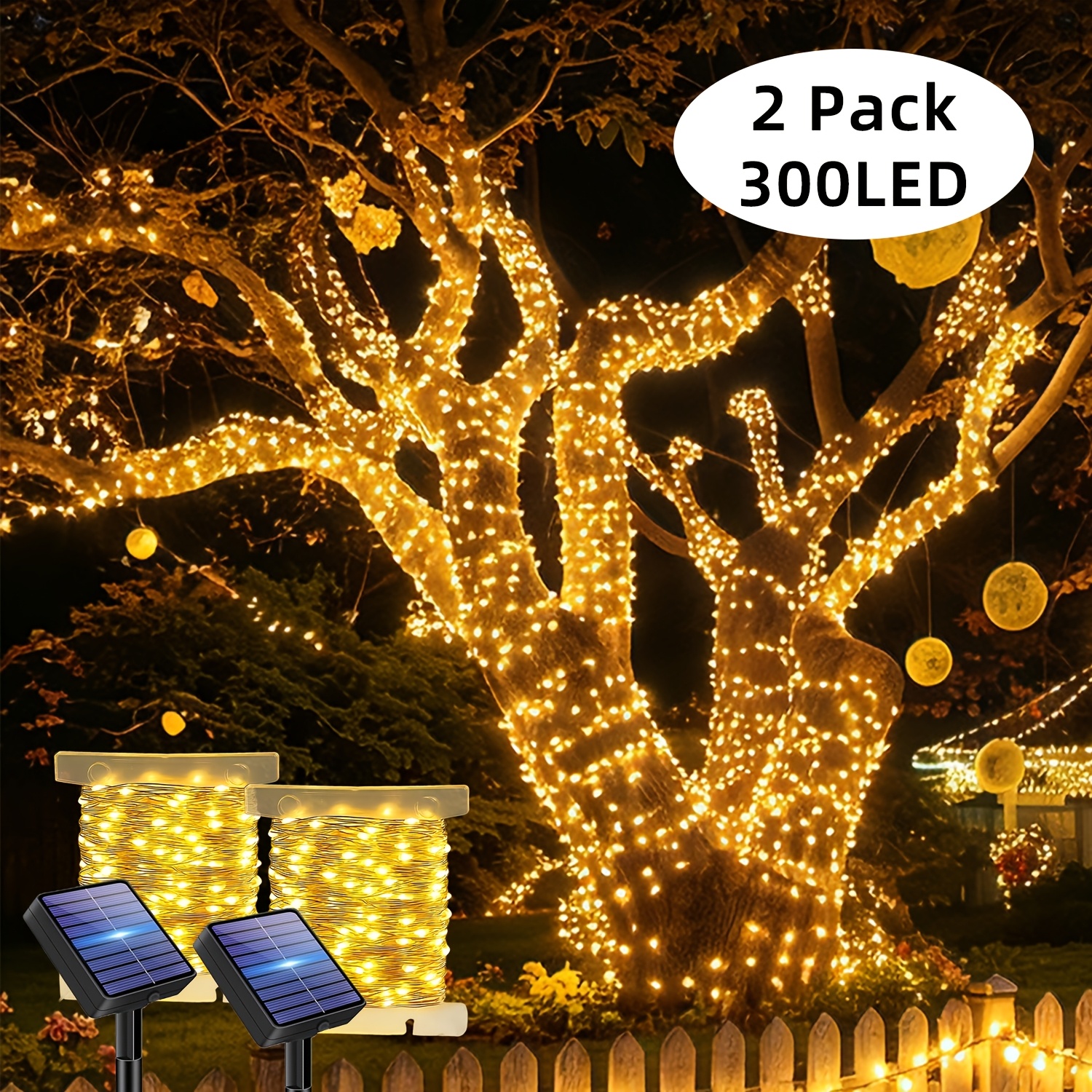 TEMU Solar Powered Intelligent Courtyard Decoration Fairy Light, 2 Sets Of 32 Meter 300 Mini Light Beads Solar Silvery Wire Light String, 12 Lighting