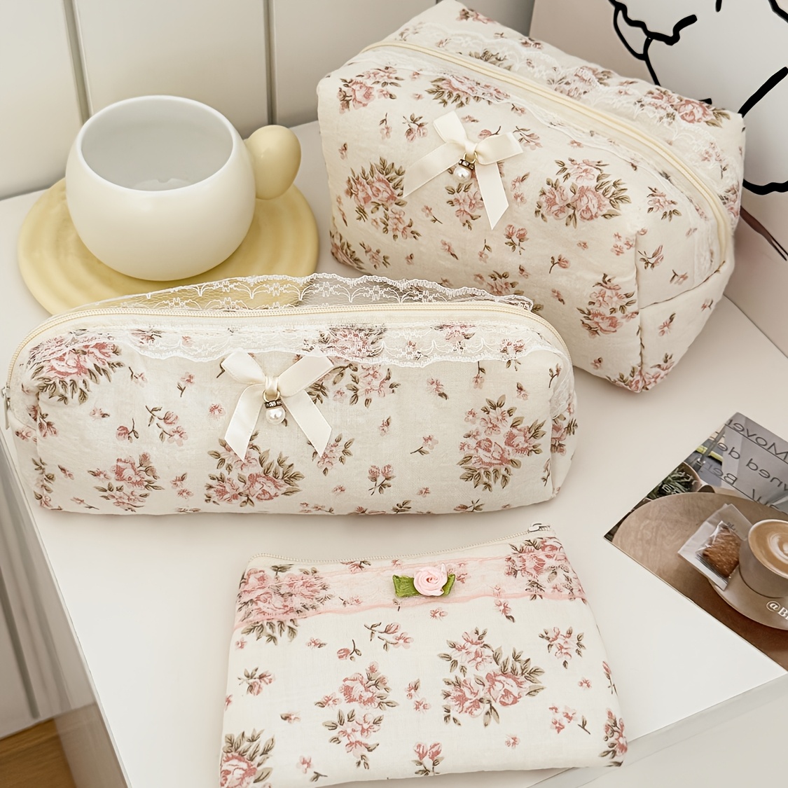 TEMU 【レディース バッグ セット】ヴィンテージ レース 花柄 メイクアップバッグ おしゃれ ハイア 花柄 お出かけ 携帯用 コスメティック コインパース