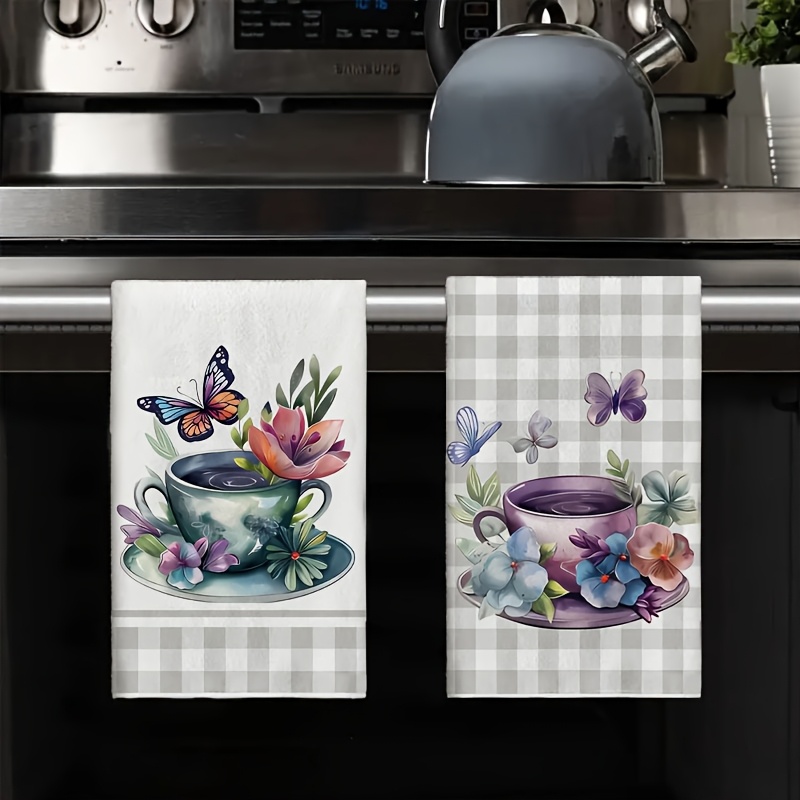 Set de 2/4 bucăți Prosoape de Bucătărie cu Model Gri în Carouri și Fluturi Floral, Prosoape de Vase, Prosoape de Mână, Prosoape Decorative pentru Bucătărie, Cadouri pentru Vecini, Cadouri Dulci pentru Housewarming pentru Prieteni, Cadouri pentru Ziua Mamei, Cadouri de Ziua de Naștere pentru Prieteni