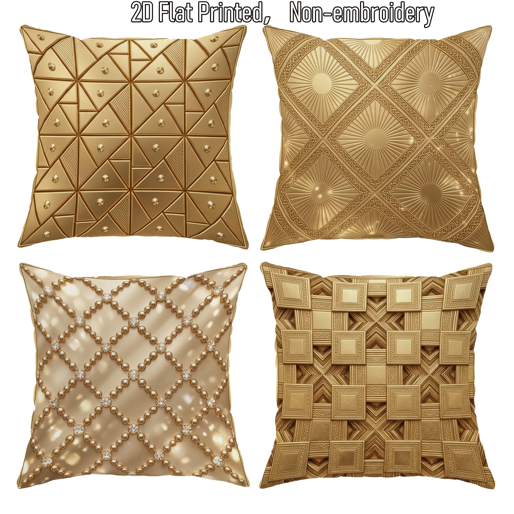 TEMU 4pcs Set 2d Flat Elegant Geometric Golden Pillowcases, Metal Decorative Pillow Covers, Single-sided Print, Suitable For Living Room, Bedroom,