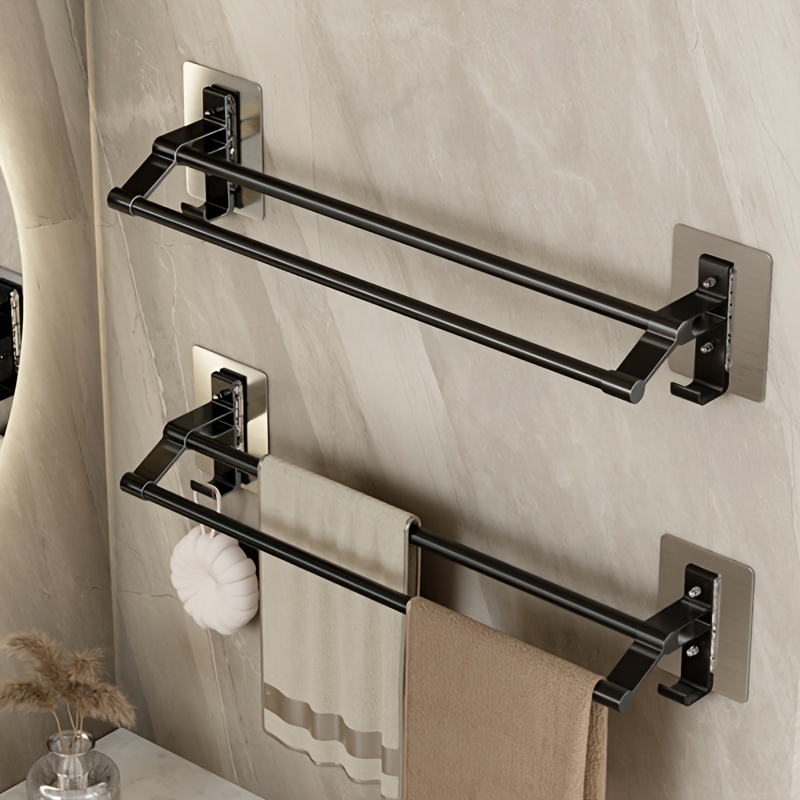 TEMU Aluminum Double Towel Bar Rack Wall Mounted Self-adhesive Space Saving Bathroom Towel Holder Black