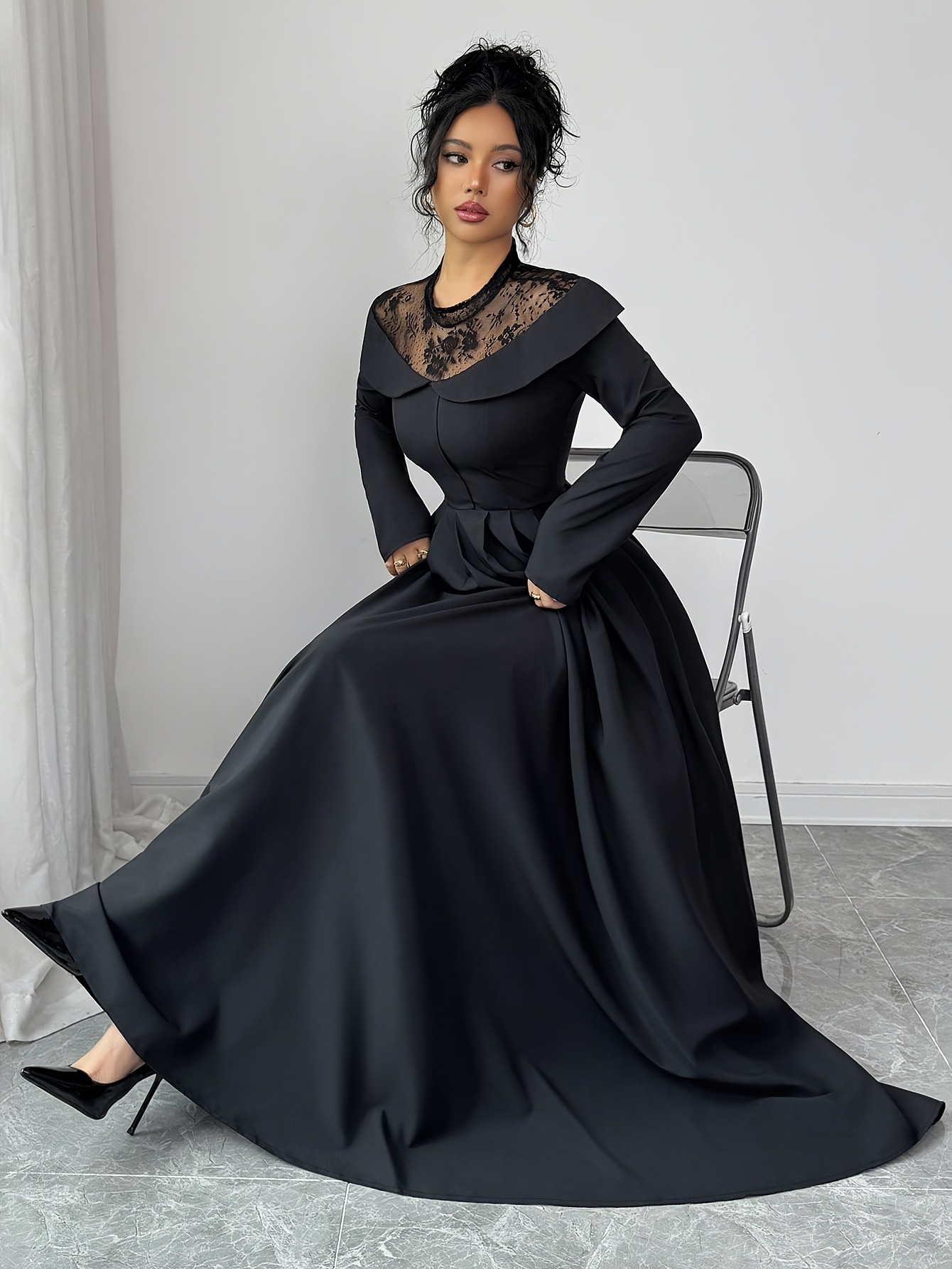 s elegant white a line maxi dress with mesh panel lace like sheer back long sleeve length wedding guest gown round neck formal evening dress machine washable no stretch Product details 0