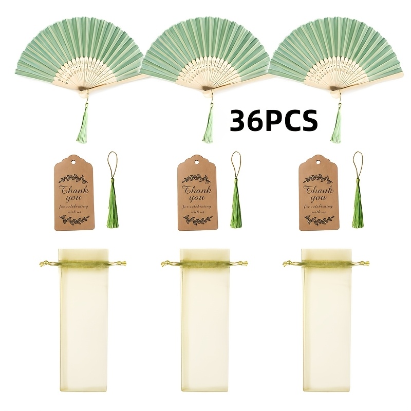 TEMU Ensemble de 36 éventails pliants à main verts pour mariage, comprenant 9 sacs en filet, 9 étiquettes de remerciement, 9 éventails et 9 pompons.