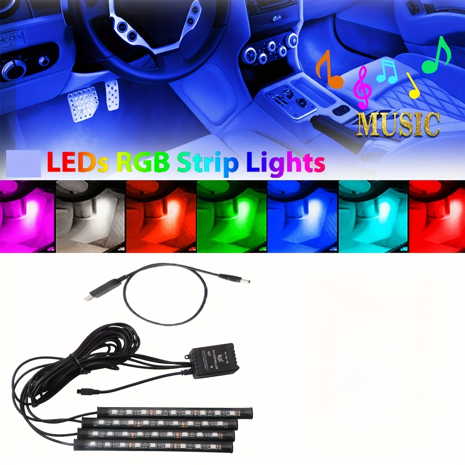 TEMU 4 Rgb Led Lights - Remote Control, Music Rhythm Synchronization,, Multiple Color Combinations, Suitable For All Vehicles