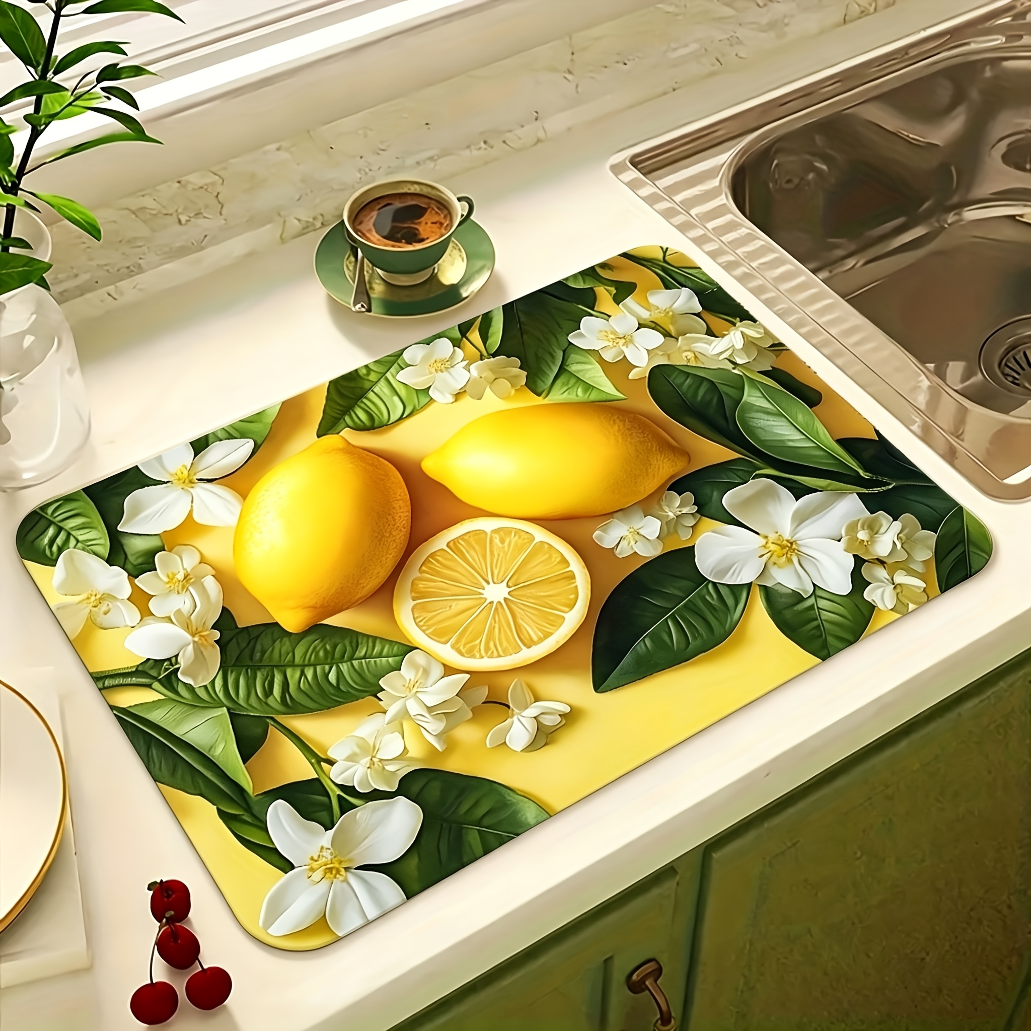 TEMU 1pc Lemon Fruit Printed Kitchen Drain Mat, Utensil Drying Mat Durable And Easy To Clean, As Desktop Protector, Coaster, And Washing