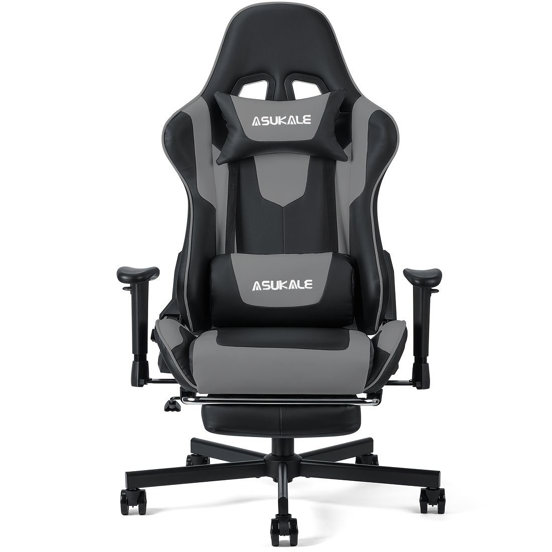 Image of Asukale Gaming Chair With Retractable Footrest, Adjustable Reclining Backrest, Headrest And Lumbar Cushions, Swivel Computer Desk Chair For Home Office And Gaming, Black And Gray