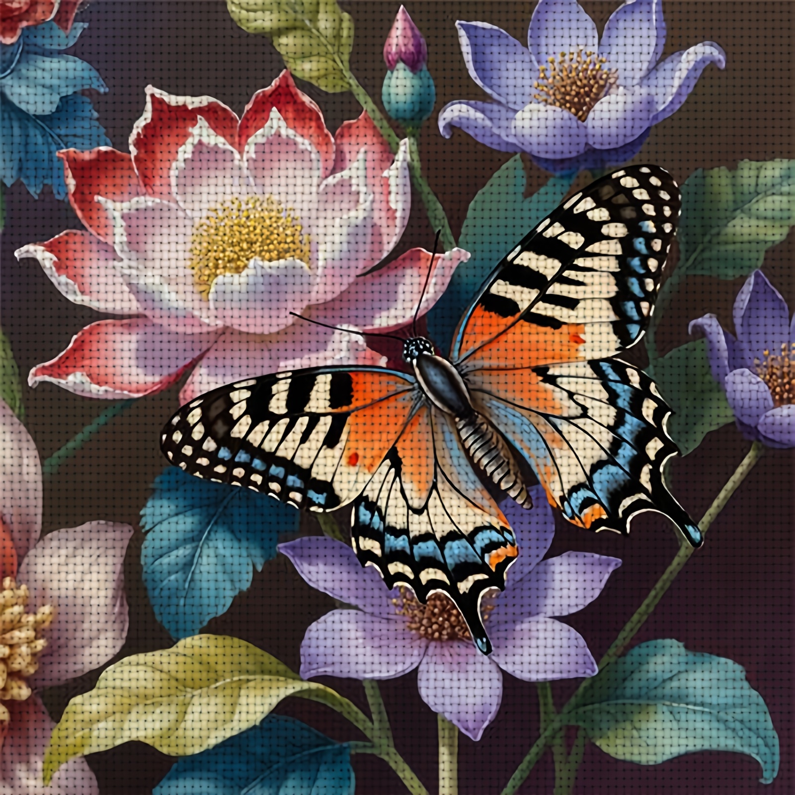 Cross Stitch Kit, Colorful Butterflies Resting on Flowers