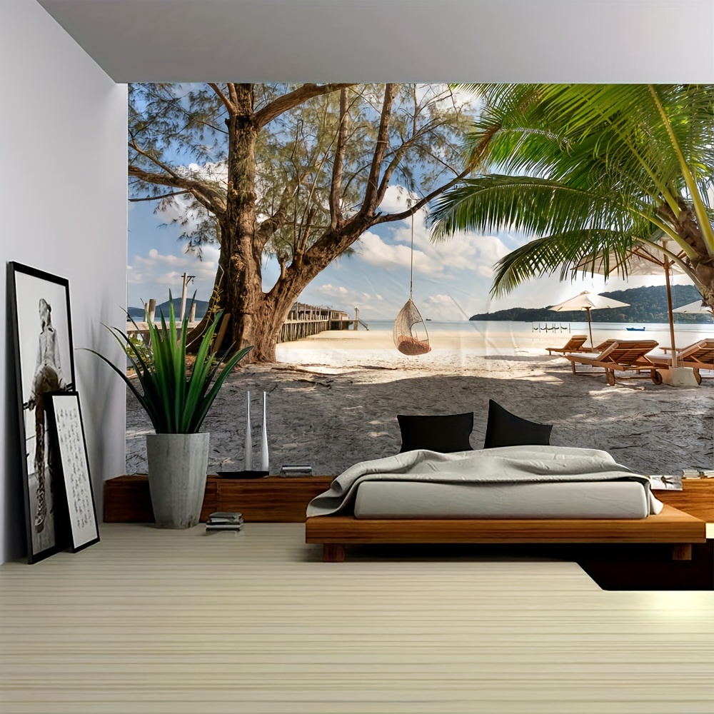

1pc Tropical Beach Scenery Wall Tapestry - Polyester Woven Hanging Art For Bedroom, Living Room, Office - Indoor Decor With Free Installation Kit