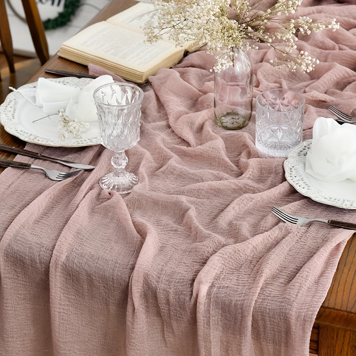 Image of 1pc Dusty Pink Cheesecloth Gauze Table Runner, 120 Inches Long, Perfect For Seasonal Dining And Holiday Decor At For Home Or Parties