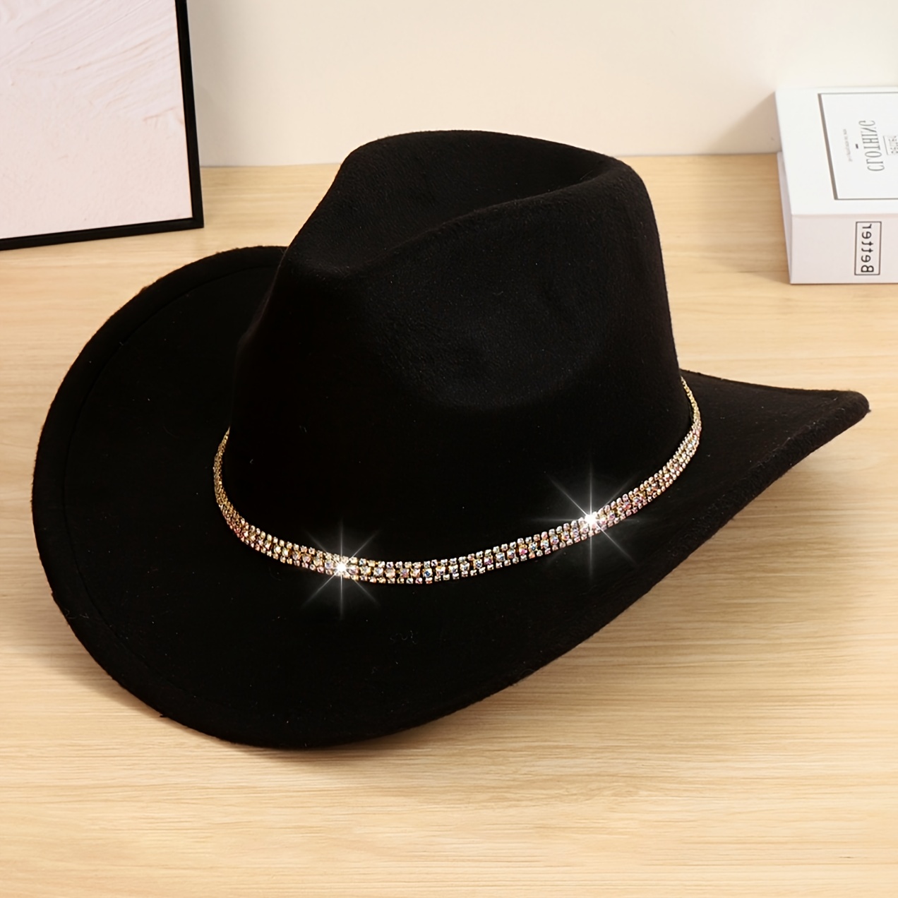 Image of 1 Unisex Rhinestone-trimmed Fashion Western Cowboy Hat, Polyester Felt Hat, Lightweight Hat, Suitable For Travel, Parties, Western-themed Events, And Daily Wear