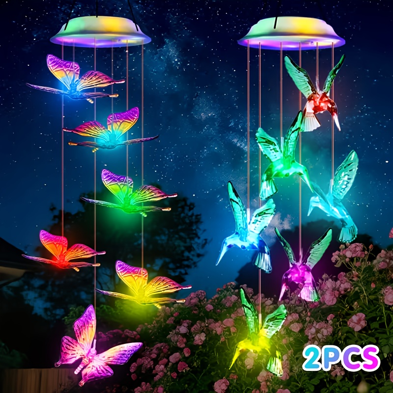 hummingbird and   solar wind chimes 2pcs color changing light solar powered solar led multi   outdoor decor