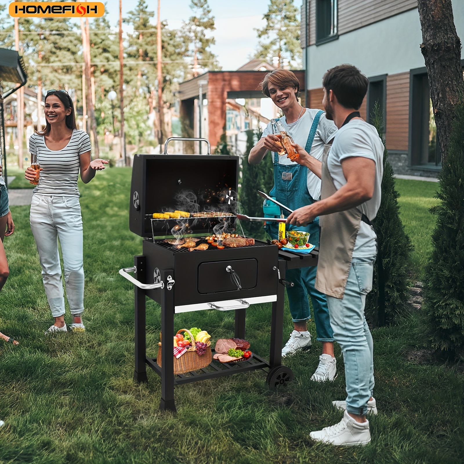 HOEMFISH Charcoal Grill With Foldable Side Table And Wheels Heavy duty BBQ Grill For Outdoor Patio Garden And Backyard Grilling