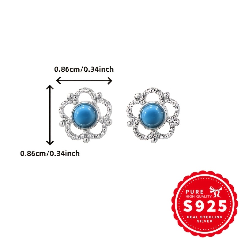 Women's Hollow Blue Pine Flower Stud Earrings, S925 Silver