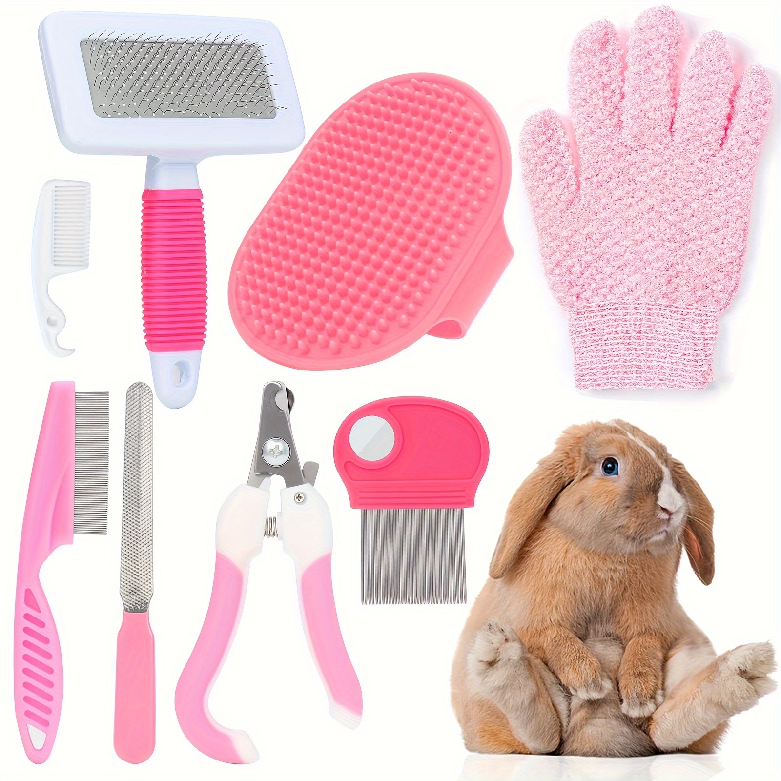 TEMU 8pcs Grooming Kit With Nail Clippers, Flea Comb, Shampoo Bath Brush & Massage Gloves - Durable Pp Material For Small Pets