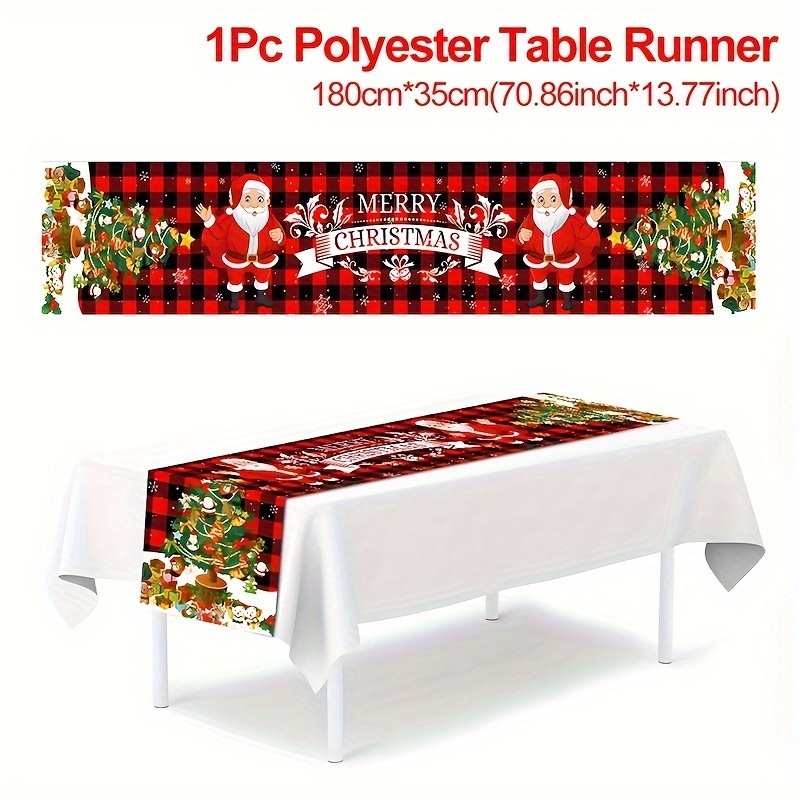 Image of 1pc, Christmas-themed Table Runner Featuring Santa Claus In Red And Check, Perfect For Seasonal For Home Decor, Table Setting For Gatherings, Including Christmas, New Year, And Other Festive Occasions
