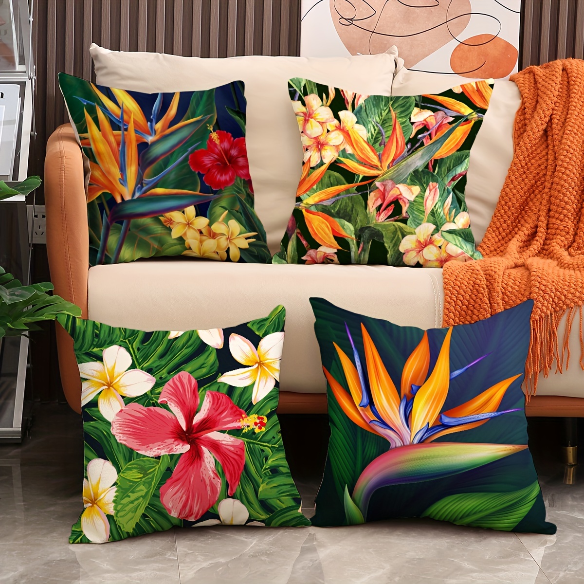 

4pcs, Plant Flower Throw Pillow Cover Home Sofa Cushion Cover Linen Blend Throw Pillow Home 18*18 Inches Pillow Insert Not Included